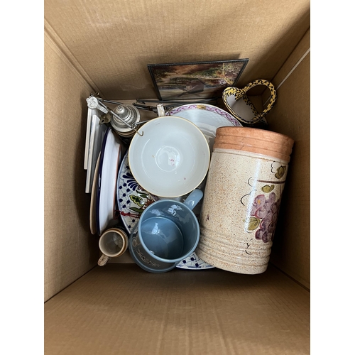 976C - Two boxes containing books, ceramics, two Victorian bed warming pans etc.