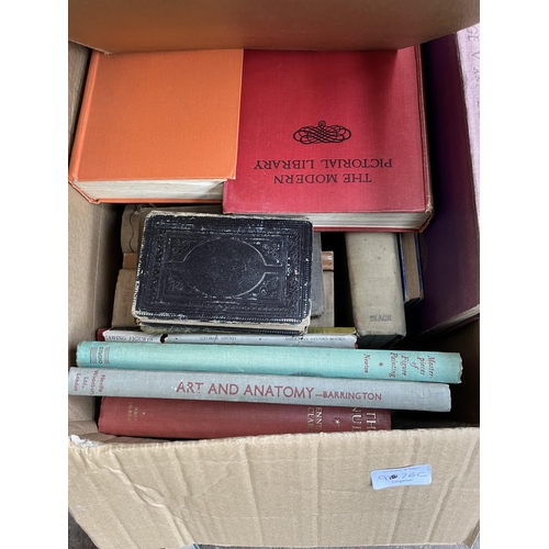 976C - Two boxes containing books, ceramics, two Victorian bed warming pans etc.