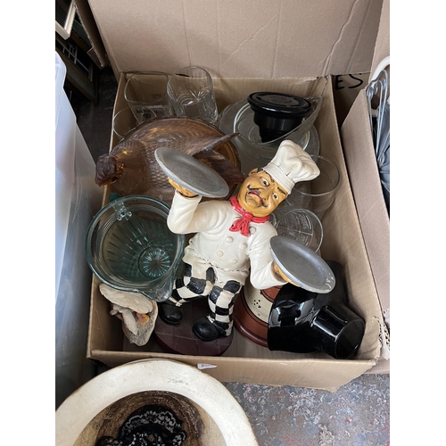 977B - Six boxes containing a large quantity of ceramics, glassware, pair of Bossons style hand painted pvc... 