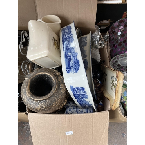 977B - Six boxes containing a large quantity of ceramics, glassware, pair of Bossons style hand painted pvc... 