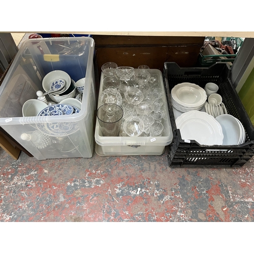 978C - Four boxes containing ceramics, glassware, Oriental table lamp, doll's chairs, embossed brass jug et... 