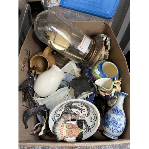 979A - Two boxes containing 1920s beaded oak two door smoker's cabinet, Mason's Mandalay jug, Carlton Ware ... 