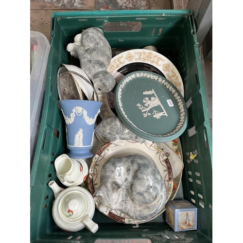 979B - Three boxes containing Wedgwood Jasperware oval plaque and trumpet vase, ceramics, glassware, Splat!... 