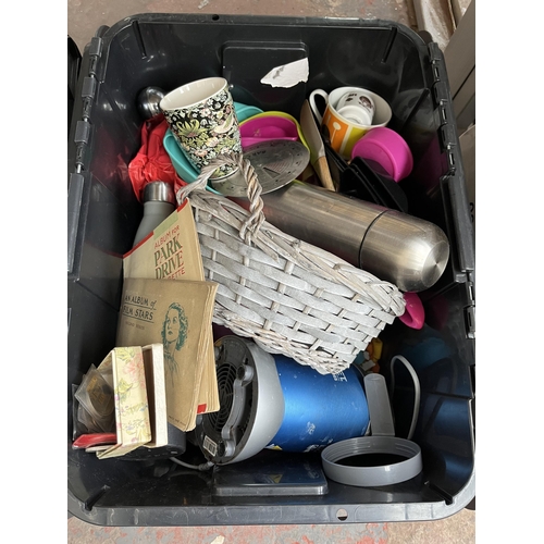 979C - Three boxes containing Eurohike flask, grey painted wicker twin handled basket, coins, John Player &... 