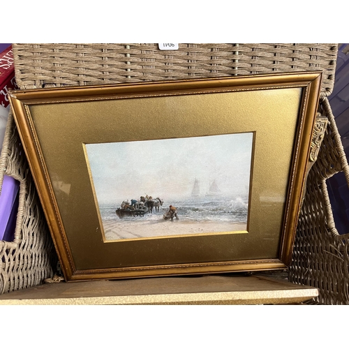 980 - A box and a wicker basket containing late 19th century Japanese Imari scalloped plate, framed prints... 