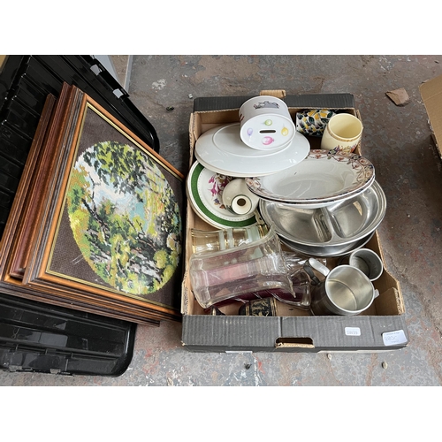 980C - A box containing pewter tankards, glassware, ceramics, framed tapestries etc.