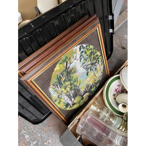 980C - A box containing pewter tankards, glassware, ceramics, framed tapestries etc.