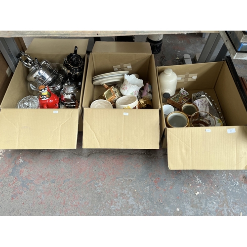 981 - Three boxes containing stoneware jars, SylvaC 4002 Maple Leaf planters, glassware, cast iron shoe la... 