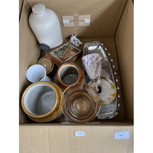 981 - Three boxes containing stoneware jars, SylvaC 4002 Maple Leaf planters, glassware, cast iron shoe la... 