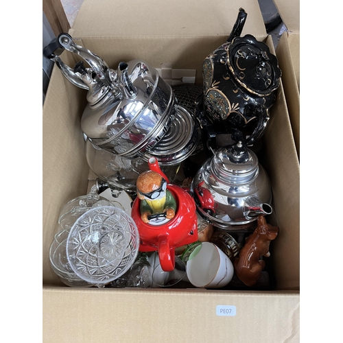 981 - Three boxes containing stoneware jars, SylvaC 4002 Maple Leaf planters, glassware, cast iron shoe la... 