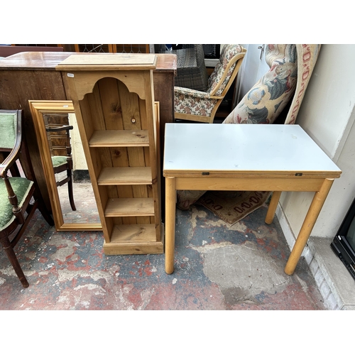 151 - Three pieces of furniture, mid 20th century white laminate and beech drop leaf kitchen table, pine f... 