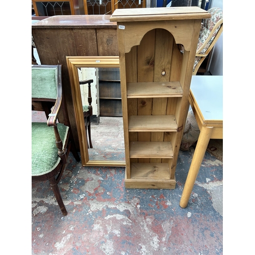 151 - Three pieces of furniture, mid 20th century white laminate and beech drop leaf kitchen table, pine f... 