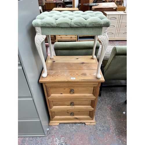 205 - Two pieces of furniture, one pine chest of three drawers and one French style white painted and gree... 