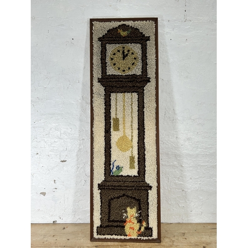 300 - A mid 20th century grandfather clock wall hanging embroidery - approx. 143cm high x 44cm wide