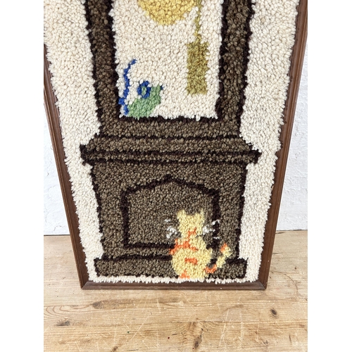 300 - A mid 20th century grandfather clock wall hanging embroidery - approx. 143cm high x 44cm wide