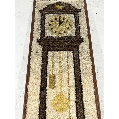 300 - A mid 20th century grandfather clock wall hanging embroidery - approx. 143cm high x 44cm wide