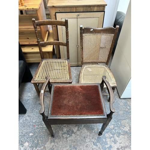 47 - Three pieces of Edwardian furniture, two rattan occasional chairs and one mahogany twin handled pian... 