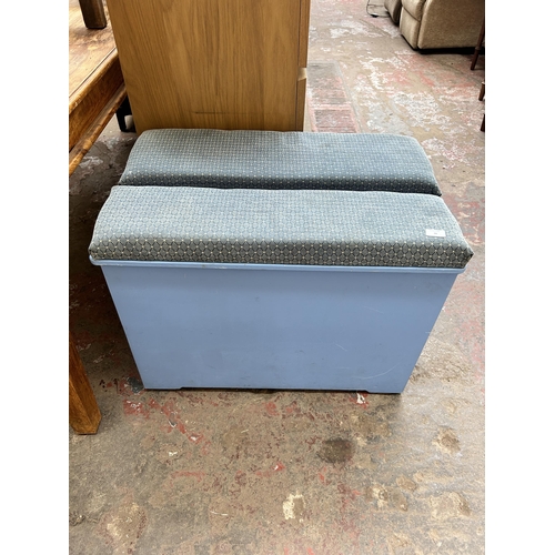 78 - A modern blue painted and fabric upholstered blanket box