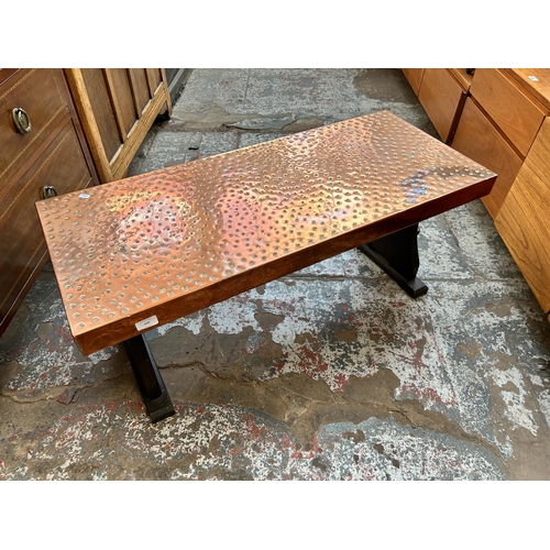 123 - A Wendron Forge copper topped and oak rectangular coffee table