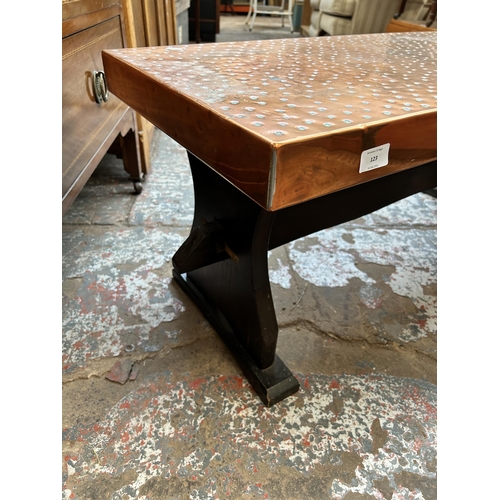 123 - A Wendron Forge copper topped and oak rectangular coffee table