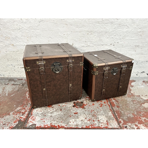 129 - Two vintage style brown leatherette storage boxes