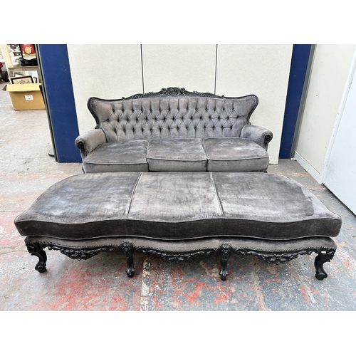 158 - A Laura Ashley French Empire style ebonized and grey fabric upholstered three seater parlour sofa an... 