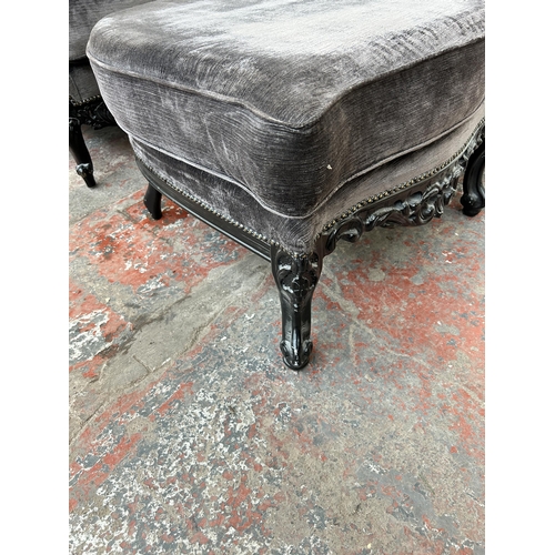 158 - A Laura Ashley French Empire style ebonized and grey fabric upholstered three seater parlour sofa an... 