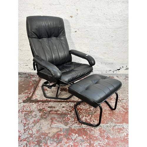 184 - A Danish Unico black leather swivel armchair and footstool