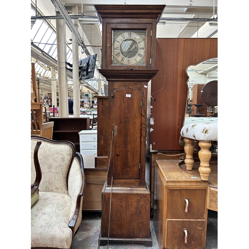 187 - A Georgian Joseph Atkinson of Chesterfield oak cased grandfather clock with pendulum and weight - ap... 