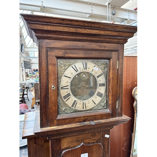 187 - A Georgian Joseph Atkinson of Chesterfield oak cased grandfather clock with pendulum and weight - ap... 