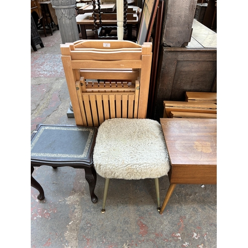 197 - A collection of house clearance furniture to include mahogany and fabric upholstered piano stool, mi... 