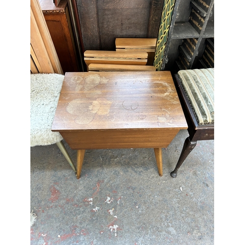 197 - A collection of house clearance furniture to include mahogany and fabric upholstered piano stool, mi... 