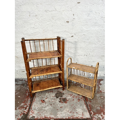 215 - Two mid 20th century bamboo and wicker book shelves, one collapsible and one wall hanging