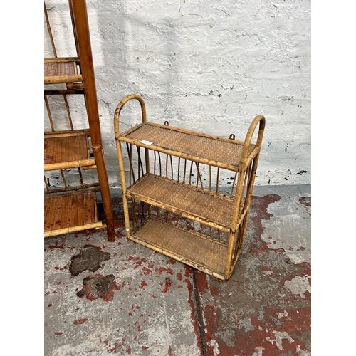 215 - Two mid 20th century bamboo and wicker book shelves, one collapsible and one wall hanging