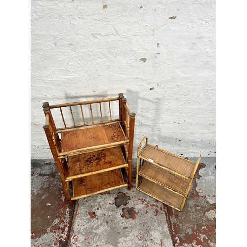 215 - Two mid 20th century bamboo and wicker book shelves, one collapsible and one wall hanging