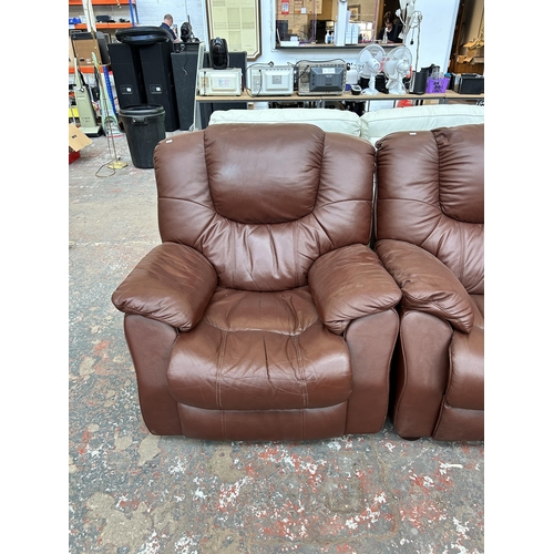 249 - A brown leather three piece lounge suite comprising reclining three seater sofa, electric reclining ... 