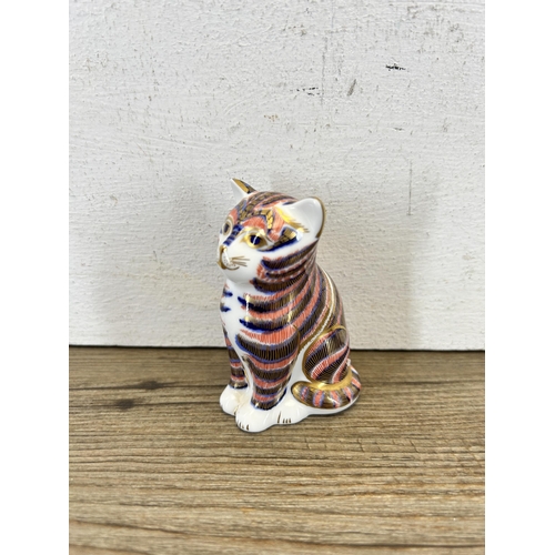 335 - A Royal Crown Derby cat paperweight with gold stopper - approx. 8cm high