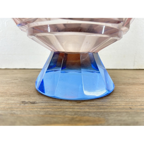 345 - An Art Deco blue and pink pressed glass circular pedestal bowl - approx. 16cm high x 21cm diameter