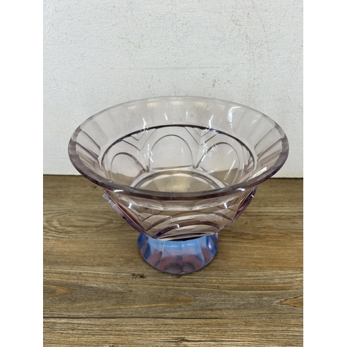 345 - An Art Deco blue and pink pressed glass circular pedestal bowl - approx. 16cm high x 21cm diameter