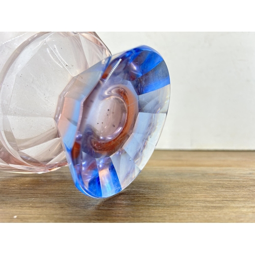 345 - An Art Deco blue and pink pressed glass circular pedestal bowl - approx. 16cm high x 21cm diameter