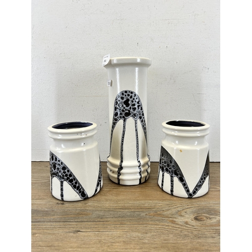 351 - Three 1960s Lapid giraffe pattern fat lava style hand painted vases, made in Israel - largest approx... 