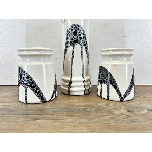 351 - Three 1960s Lapid giraffe pattern fat lava style hand painted vases, made in Israel - largest approx... 