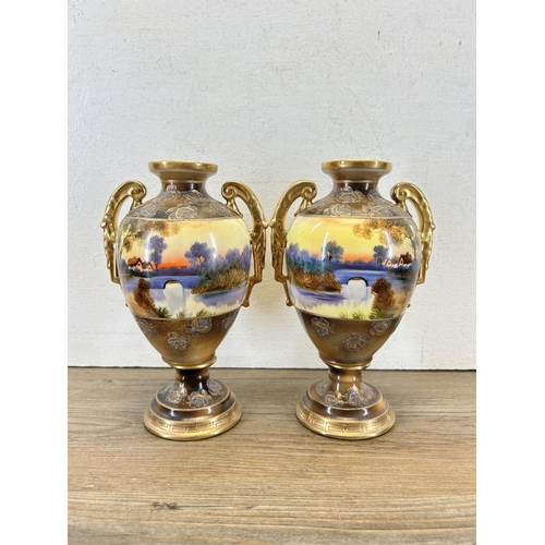 358 - A pair of Noritake hand painted twin handled urn vases - approx. 19.5cm high