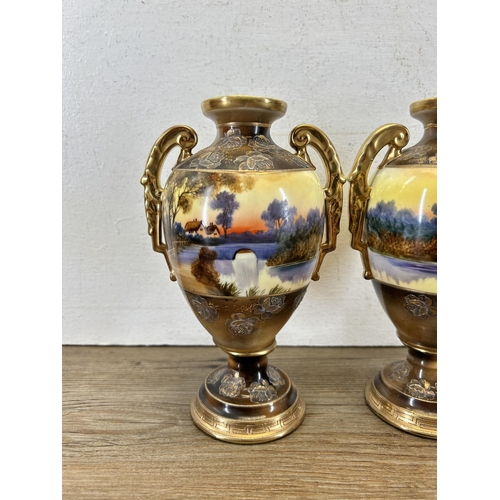 358 - A pair of Noritake hand painted twin handled urn vases - approx. 19.5cm high