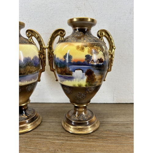 358 - A pair of Noritake hand painted twin handled urn vases - approx. 19.5cm high