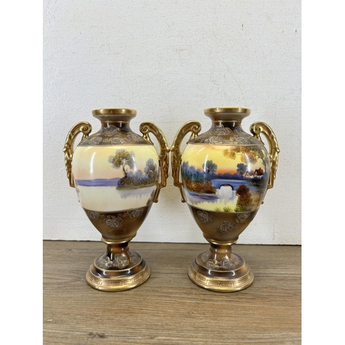 358 - A pair of Noritake hand painted twin handled urn vases - approx. 19.5cm high