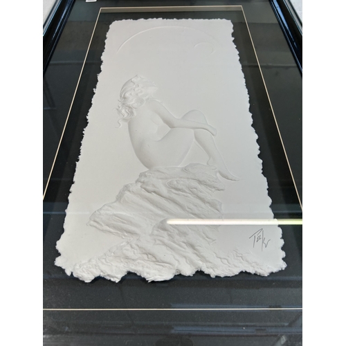 263 - A framed Roberta Peck pencil signed nude lady on rock cast paper relief - approx. 88cm high x 58cm w... 