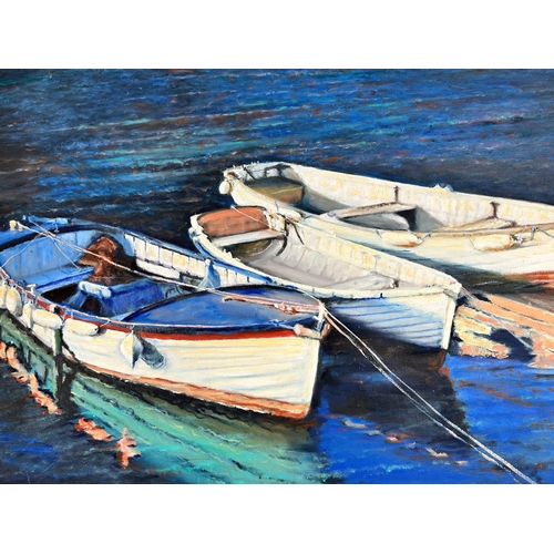 270 - A mahogany framed oil on board of three boats, signed J. Dixon and dated 2008 - approx. 59cm high x ... 