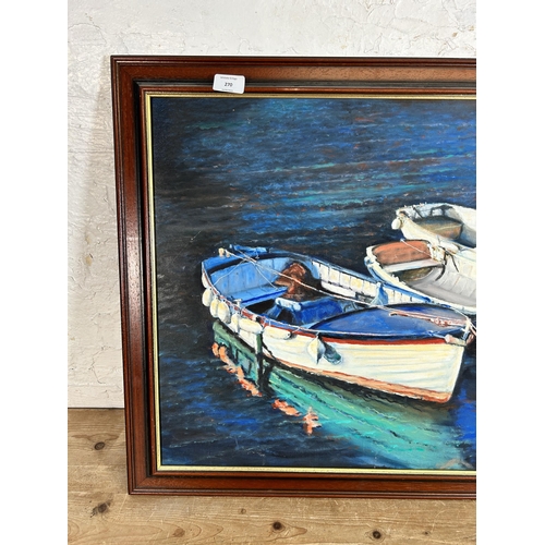 270 - A mahogany framed oil on board of three boats, signed J. Dixon and dated 2008 - approx. 59cm high x ... 