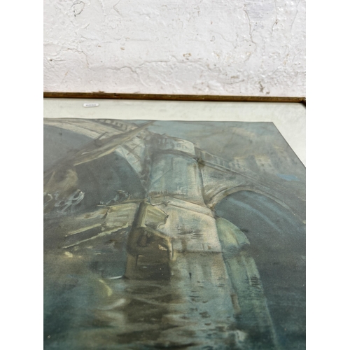 277 - A mid 20th century framed print of a boat and bridge scene - approx. 53cm high x 63cm wide